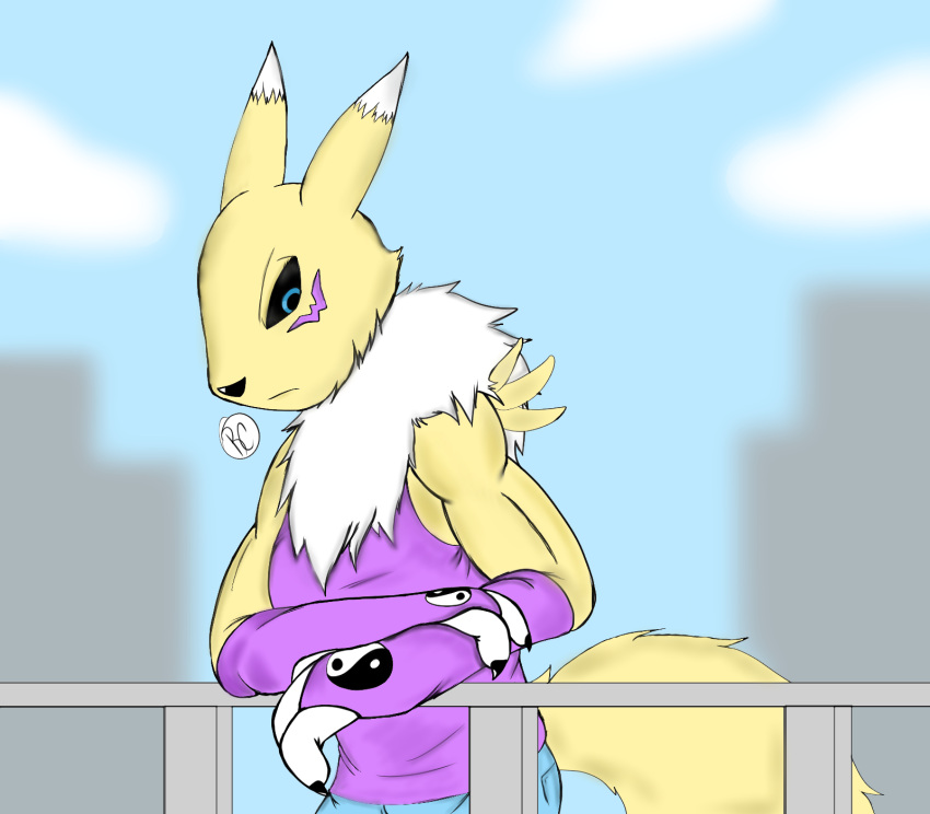 3_fingers anthro bandai_namco black_eyes blue_eyes bottomwear building canid canine clothed clothing denim denim_clothing digimon digimon_(species) female fingers fox fur gloves handwear hi_res jeans long_tail mammal muscular muscular_female pants rcblackdie renamon rooftop sky solo yellow_body yellow_fur