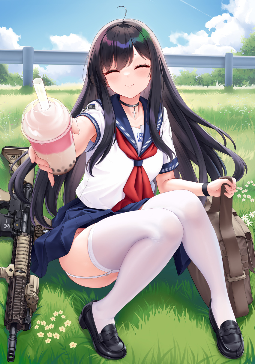 1girl absurdres ahoge allenes bag bangs black_hair blue_sailor_collar blue_skirt blue_sky blush closed_eyes closed_mouth cloud day facing_viewer fence flower garter_straps grass gun highres loafers long_hair miniskirt neckerchief original outdoors red_neckerchief rifle sailor_collar school_uniform serafuku shirt shoes sitting skirt sky smile solo thighhighs very_long_hair weapon white_flower white_shirt white_thighhighs