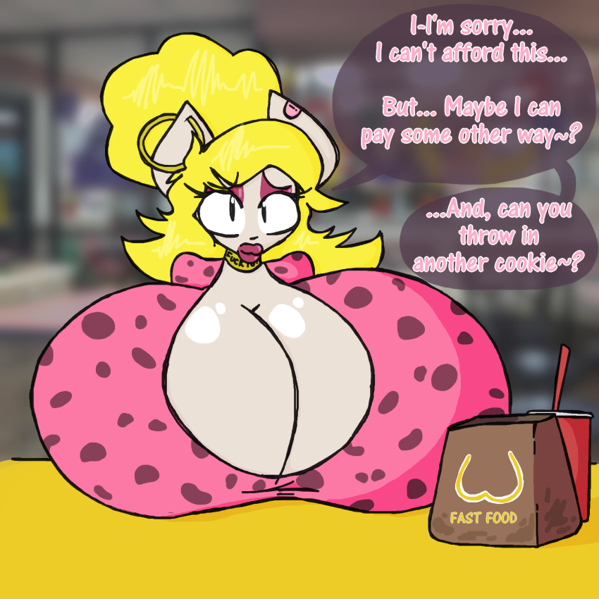 1:1 amanda_(flufflewdzthings) anthro bandage beverage big_breasts bimbofication bimbofied blonde_hair blurred_background breast_rest breasts cleavage clothed clothing container cup domestic_cat ear_piercing ear_ring english_text fast_food fast_food_restaurant felid feline felis female flufflewdzthings food hair hair_bun hi_res huge_breasts hyper hyper_breasts jewelry lips lipstick makeup mammal necklace pattern_clothing piercing ring_piercing shaded simple_shading solo speech_bubble text thick_lips