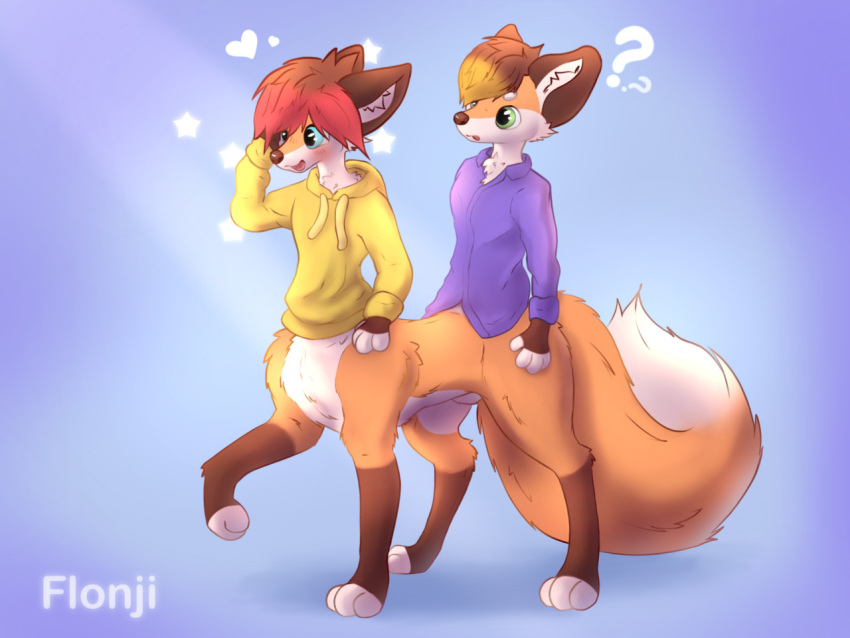 4:3 ambiguous_gender big_tail canid canine clothing conjoined duo flonji fox hoodie mammal multi_torso multifur paws shirt taur topwear