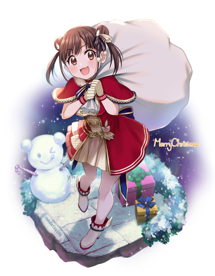 &gt;_o 1girl :d :q bangs blush boots brown_dress brown_gloves brown_hair candy candy_cane christmas commentary_request double_bun dress food gift gloves hair_bun hair_ornament hands_up highres holding holding_sack idolmaster idolmaster_shiny_colors looking_at_viewer merry_christmas nail_polish one_eye_closed orange_eyes pleated_dress red_dress sack short_twintails smile snowman solo sonoda_chiyoko soramame_tomu tongue tongue_out twintails white_footwear