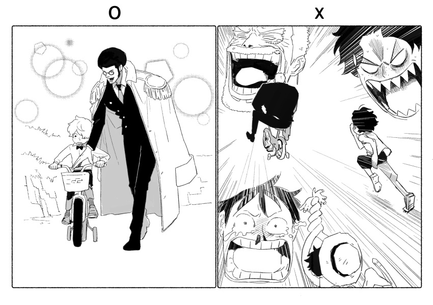 5boys aged_down bicycle black_hair blonde_hair blood coat crying crying_with_eyes_open donquixote_rocinante doodlz1p epaulettes glasses greyscale ground_vehicle highres injury laughing male_child male_focus monkey_d._garp monkey_d._luffy monochrome multiple_boys nosebleed old old_man one_piece open_mouth portgas_d._ace running sengoku_(one_piece) sharp_teeth short_hair tears teeth white_coat