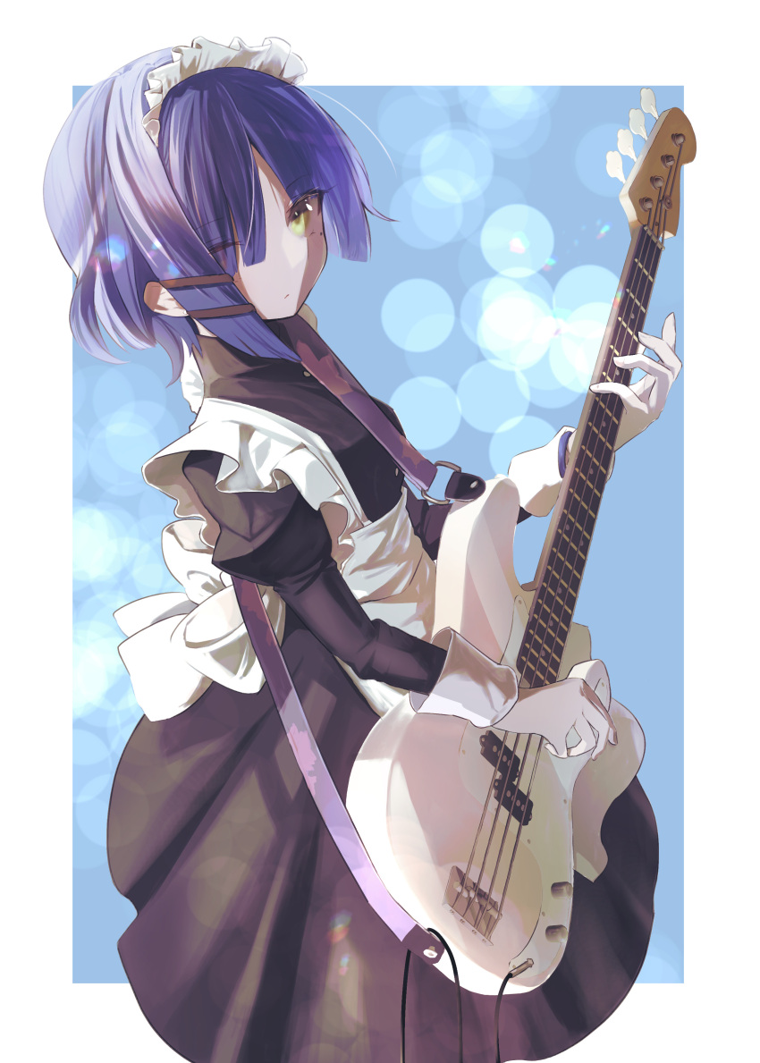 1girl absurdres alternate_costume apron bass_guitar blue_hair bocchi_the_rock! dress enmaided fender_precision_bass frilled_dress frills hair_ornament highres instrument juliet_sleeves ktgrtos long_sleeves maid maid_apron maid_headdress music playing_instrument puffy_sleeves short_hair single_sidelock yamada_ryou yellow_eyes