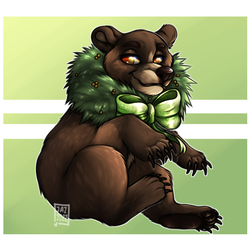 acuppajazz bear brown_bear christmas christmas_decorations feral grizzly_bear hair hi_res holidays kuruk_(character) male mammal mane mane_hair pawpads paws solo ursine wreath wreath_bow