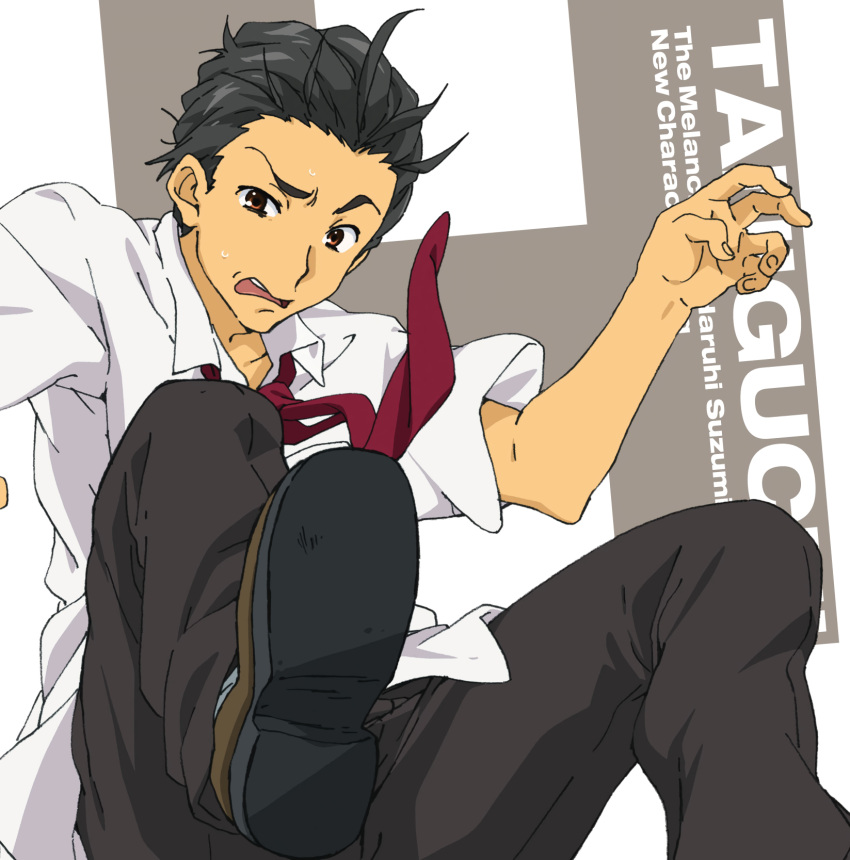 1boy album_cover black_hair brown_eyes character_single cover falling h highres kita_high_school_uniform male_focus necktie nishiya_futoshi official_art red_necktie school_uniform solo suzumiya_haruhi_no_yuuutsu taniguchi white_background