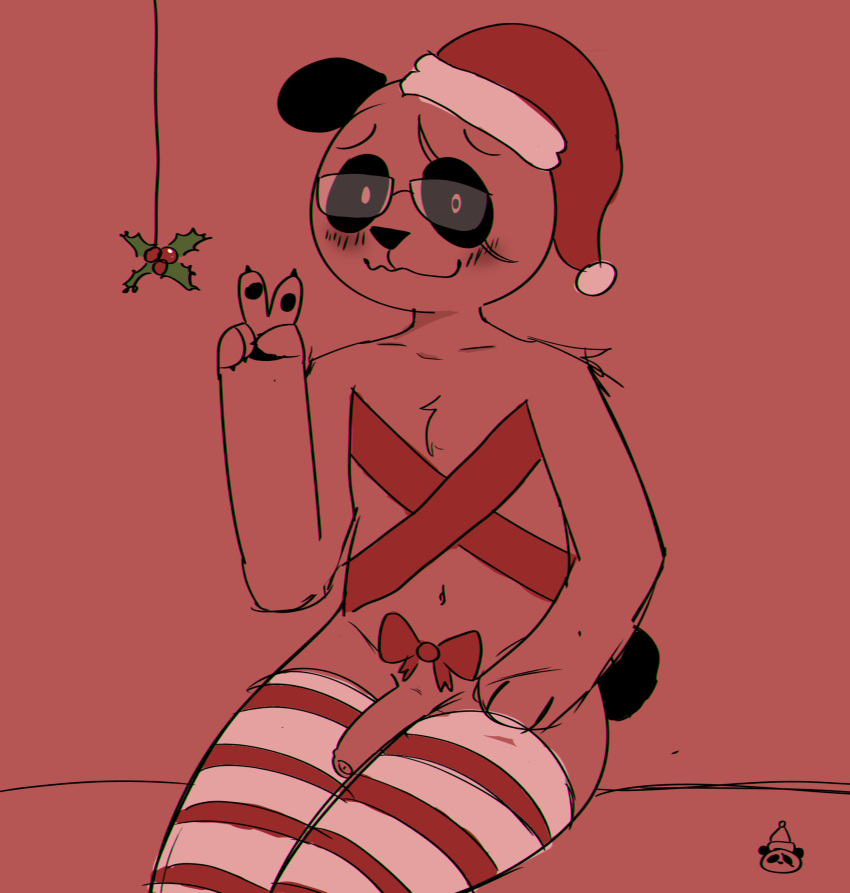 anthro bear butt christmas christmas_clothing christmas_headwear christmas_legwear clothing elponda embarrassed eyewear flaccid genitals gesture giant_panda glasses hat headgear headwear hi_res holidays legwear looking_at_viewer male mammal mistletoe penis plant ponda santa_hat showing_penis simple_background sitting sketch smile solo thick_thighs v_sign wrappings