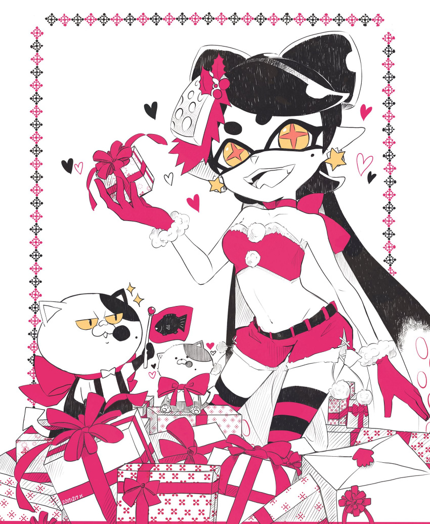 1girl bangs bare_shoulders belt black_belt black_hair black_thighhighs callie_(splatoon) choker christmas commentary crop_top earrings fangs flag food food_on_head fur-trimmed_gloves fur-trimmed_shirt fur-trimmed_shorts fur_trim gift gloves heart highres holding holding_gift jewelry judd_(splatoon) li'l_judd_(splatoon) long_hair looking_at_another looking_at_viewer midriff mole mole_under_eye navel object_on_head okome_2g2g open_mouth partially_colored pointy_ears red_choker red_gloves red_shirt red_shorts red_thighhighs shirt short_shorts shorts side-tie_shorts smile splatoon_(series) standing star_(symbol) star_earrings striped striped_thighhighs swept_bangs tentacle_hair thighhighs yellow_eyes