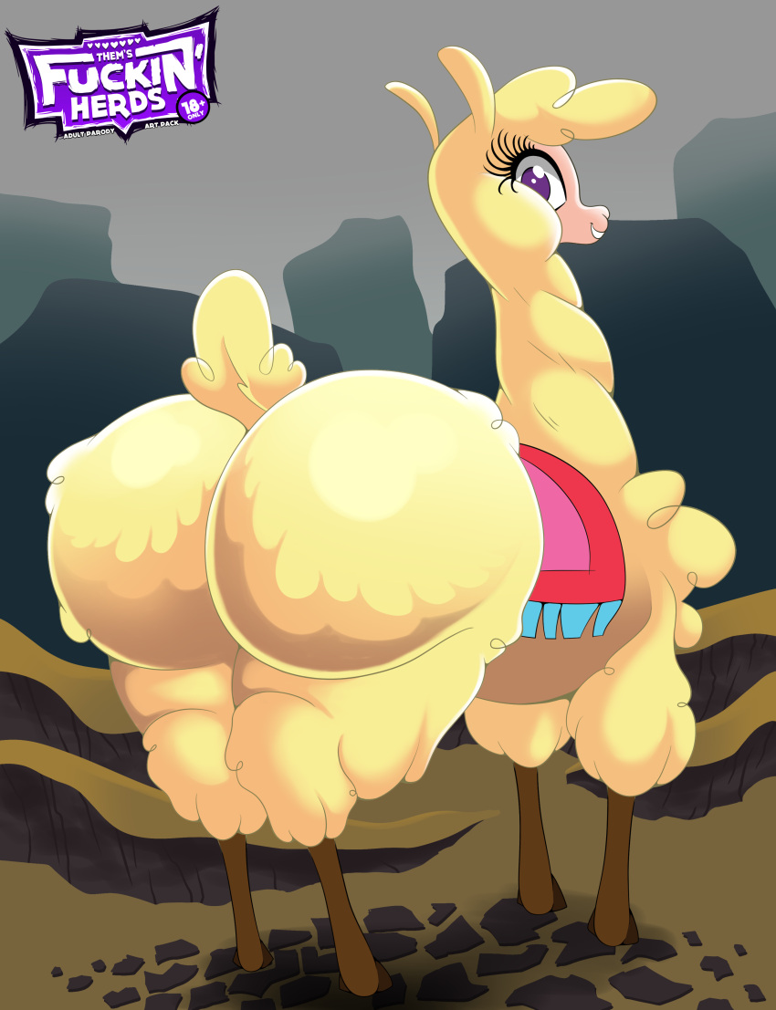 absurd_res alpaca big_butt butt camelid female feral fur hi_res huge_butt looking_at_viewer looking_back looking_back_at_viewer mammal paprika_paca_(tfh) skunk_bunk solo them's_fightin'_herds thick_thighs yellow_body yellow_fur