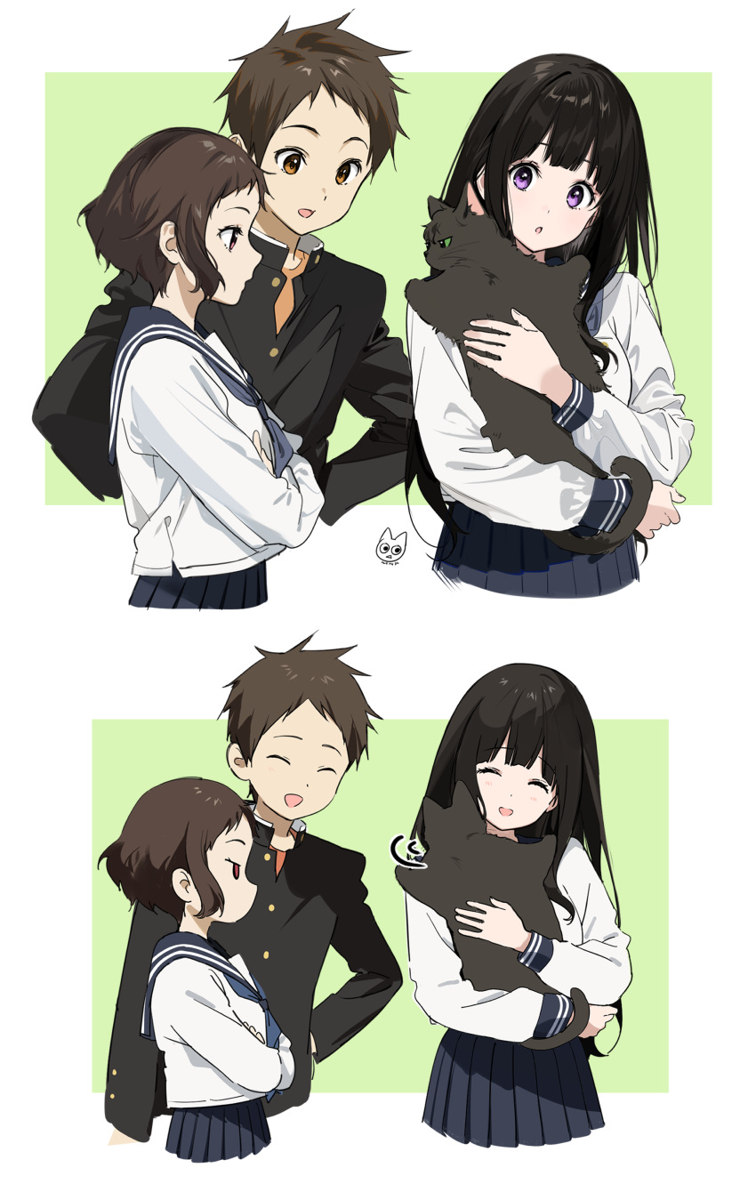 1boy 2girls absurdres animalization artist_logo black_hair black_sailor_collar black_skirt brown_eyes brown_hair cat chitanda_eru fukube_satoshi gakuran grey_neckerchief highres hug hyouka ibara_mayaka kamiyama_high_school_uniform_(hyouka) long_hair mery_(yangmalgage) multiple_girls neckerchief oreki_houtarou pleated_skirt purple_eyes red_eyes sailor_collar school_uniform serafuku short_hair skirt upper_body