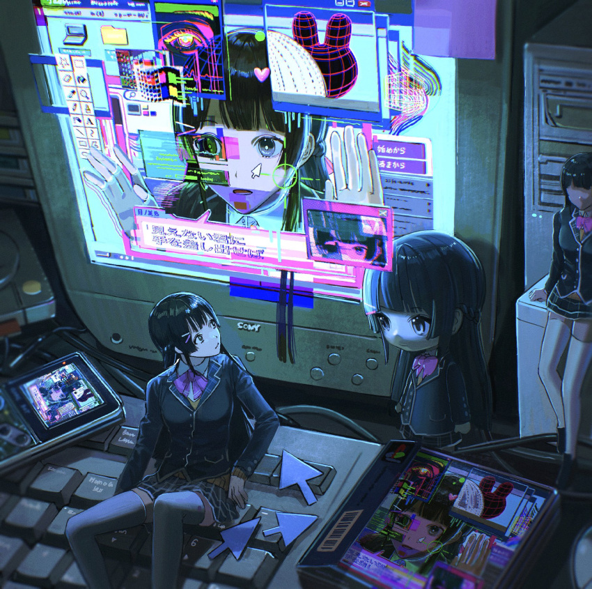 1girl bangs black_hair black_jacket blazer blue_light blue_skirt blunt_bangs bow bowtie braid bright_pupils brown_cardigan cardigan chibi clone collared_shirt computer crosshair dark_room feet_out_of_frame french_braid game_boy game_console hair_ornament hairclip handheld_game_console highres hime_cut ikuta41 jacket keyboard_(computer) loafers long_hair looking_at_another minigirl monitor mouse_pointer nijisanji pink_bow pink_bowtie plaid plaid_skirt playstation_logo shirt shoes sitting skirt thighhighs tsukino_mito virtual_youtuber white_pupils white_shirt white_thighhighs windows_95 windows_desktop windows_logo zettai_ryouiki