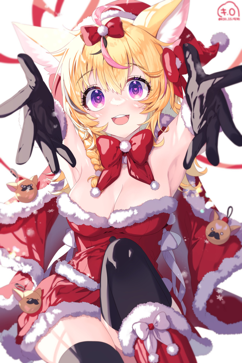 1girl :d absurdres ahoge animal_ear_fluff animal_ears armpits bangs black_gloves black_hair black_thighhighs blonde_hair blurry boots bow bowtie braid breasts cape christmas cleavage commentary depth_of_field dress foreshortening fox_ears fox_girl fur-trimmed_boots fur-trimmed_cape fur-trimmed_dress fur-trimmed_gloves fur-trimmed_headwear fur_trim gloves hair_between_eyes hair_bow hair_over_shoulder hat heart heart-shaped_pupils highres hololive kio_is_here knee_boots knee_up long_hair looking_at_viewer multicolored_hair off-shoulder_dress off_shoulder omaru_polka open_mouth outstretched_arms outstretched_hand pink_hair pom_pom_(clothes) purple_eyes reaching_towards_viewer red_bow red_bowtie red_cape red_dress red_footwear red_headwear ribbon santa_costume santa_dress santa_hat short_dress side_braid sidelocks signature sitting small_breasts smile solo streaked_hair symbol-shaped_pupils teeth thighhighs twitter_username upper_teeth_only virtual_youtuber white_background white_ribbon wide-eyed window_shade zain_(omaru_polka)
