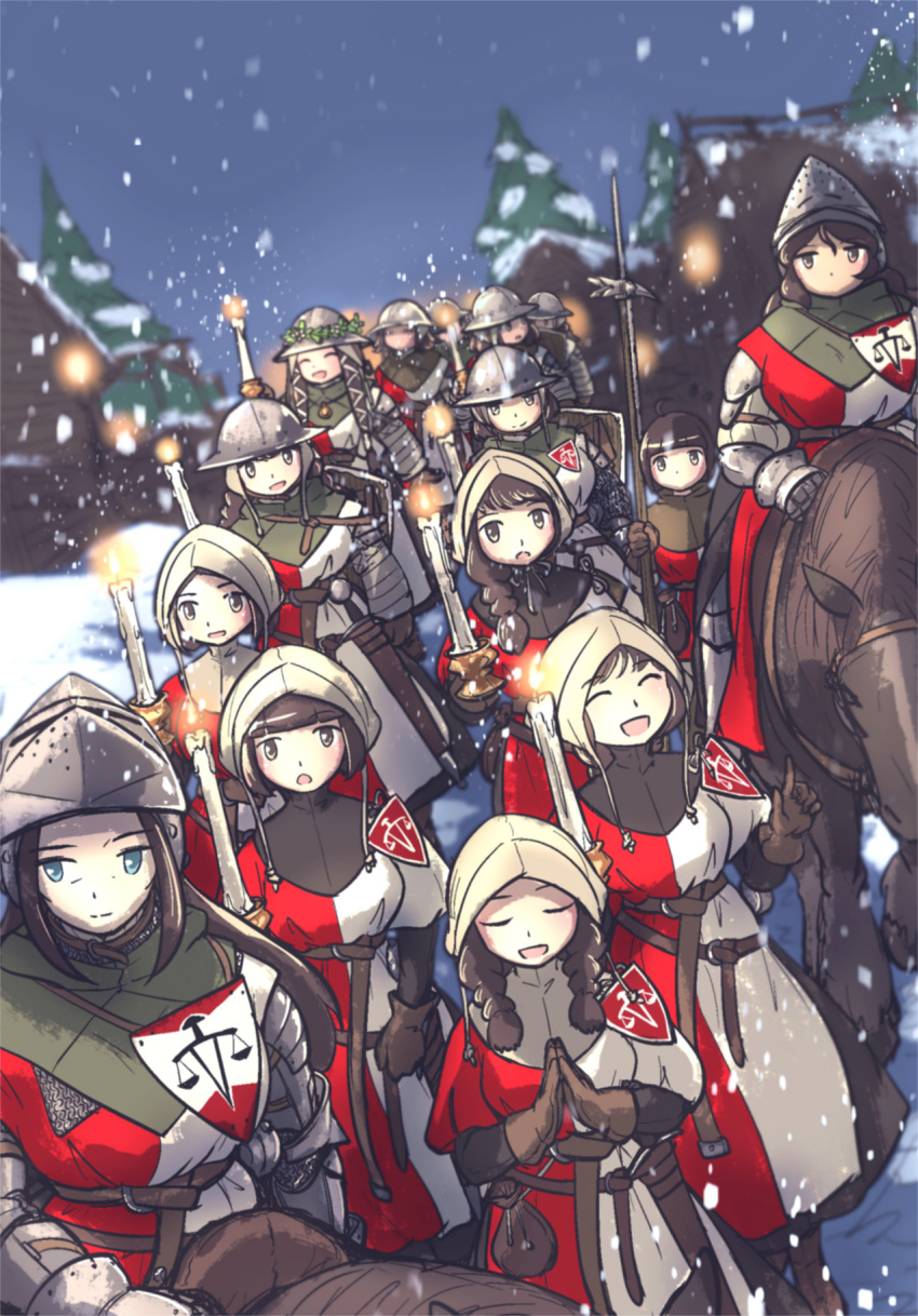 6+girls armor belt braid brown_hair candle christmas gambeson gauntlets gloves habit helmet highres holding holding_weapon horseback_riding long_hair medieval mistletoe multiple_girls original own_hands_clasped own_hands_together polearm riding scabbard sheath snow standing sword vanishlily weapon winter