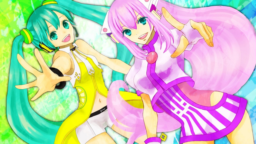 1girl 2girls aqua_hair bangs blackashes blue_eyes commentary_request fingerless_gloves gloves hand_on_hip hand_up headphones long_hair luka_luka_night_fever_(vocaloid) megurine_luka multiple_girls open_mouth painting_(medium) photoshop_(medium) pink_hair project_diva_(series) project_diva_2nd project_diva_extend puffy_short_sleeves puffy_sleeves samfree_("night"_songs) short_sleeves smile solo swept_bangs traditional_media vocaloid watercolor_(medium) white_gloves yellow_(vocaloid)