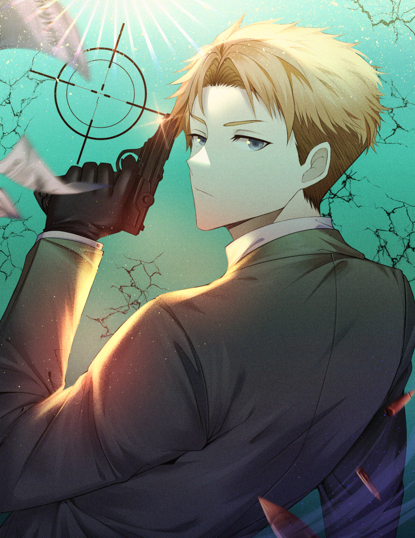 1boy absurdres ammunition aqua_background bad_gun_anatomy black_gloves blonde_hair closed_mouth collared_shirt crack crosshair dress_shirt english_commentary fhilippedu finger_on_trigger formal from_behind gloves grey_eyes grey_suit gun handgun highres holding holding_gun holding_weapon long_sleeves looking_back making-of_available male_focus motion_blur paper serious shirt short_hair solo spy_x_family suit suit_jacket tsurime turning_head twilight_(spy_x_family) upper_body weapon white_shirt