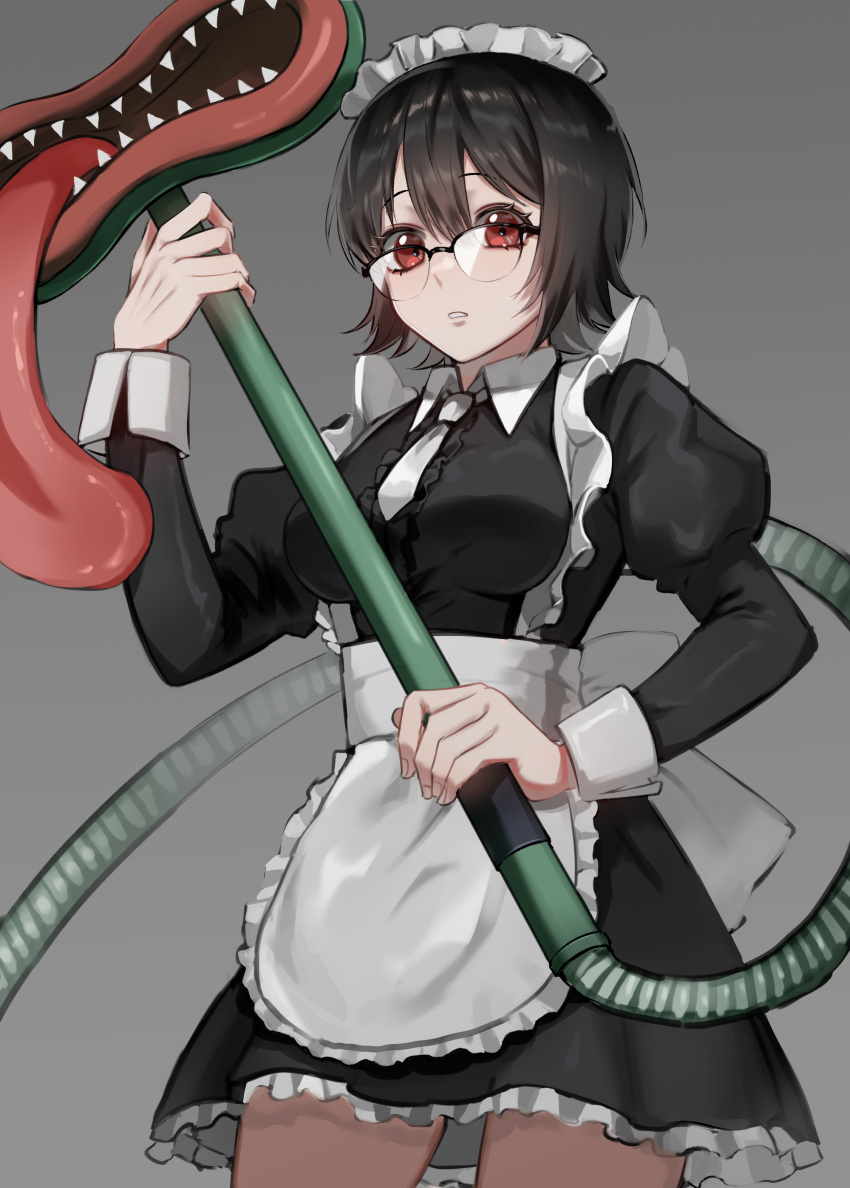 1girl absurdres black_hair glasses grey_background hichi(hichi) highres hunter_x_hunter maid red_eyes shizuku_(hunter_x_hunter) short_hair solo vacuum_cleaner