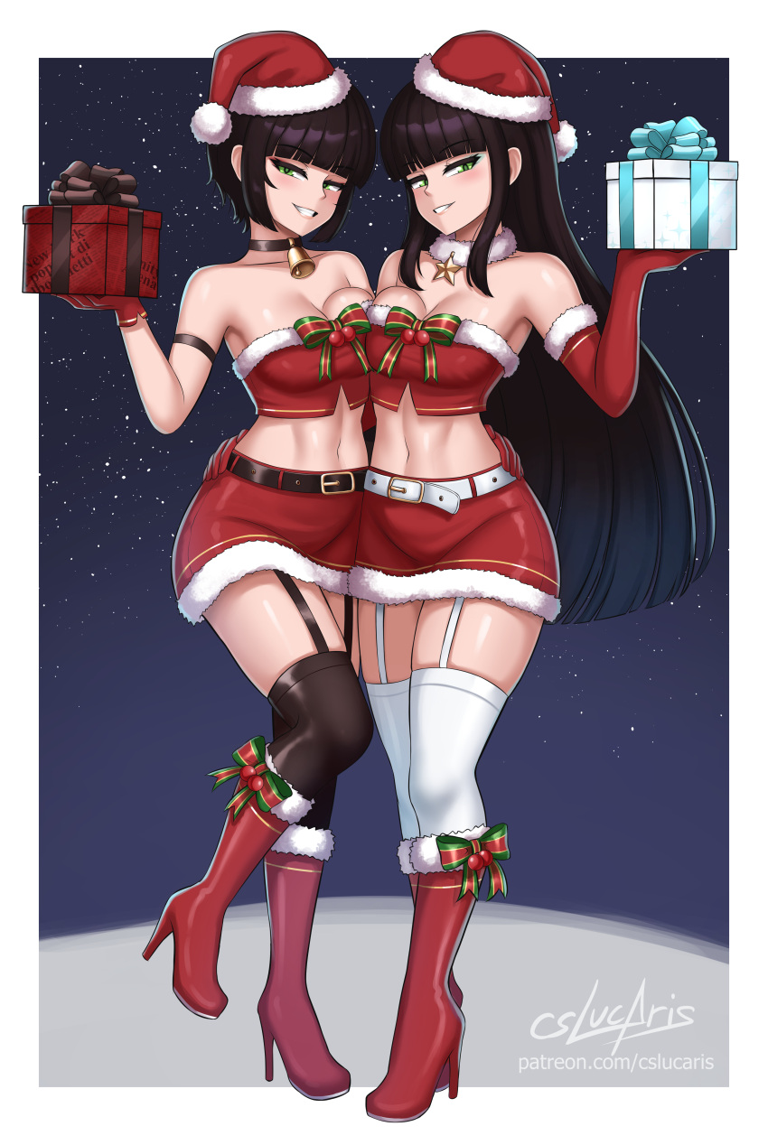 2girls absurdres artist_name bangs bare_shoulders bell belt black_hair black_thighhighs blunt_bangs boots border breasts christmas cleavage clenched_teeth collarbone cslucaris elbow_gloves english_commentary full_body fur_trim garter_straps gift gloves green_eyes grin hand_on_another's_waist hand_up hat high_heels highres holding holding_gift knee_boots legs_together long_hair looking_at_viewer medium_breasts melanie_malachite miltiades_malachite multiple_girls navel neck_bell night outdoors patreon_username red_footwear red_gloves red_skirt rwby santa_hat short_hair siblings sisters skirt sky smile standing standing_on_one_leg star_(sky) starry_sky teeth thighhighs twins white_border white_thighhighs