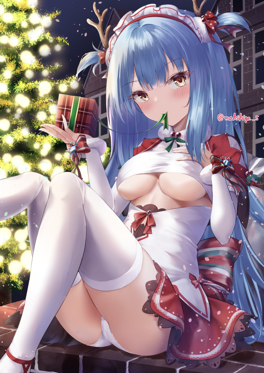 1girl absurdres alternate_costume ass azur_lane black_hair blush breast_cutout breasts capelet christmas christmas_present christmas_tree clothing_cutout commentary_request dress fake_antlers frilled_dress frills fur-trimmed_dress fur-trimmed_sleeves fur_trim gift hand_on_own_chest hands_up head_tilt highres holding holding_gift knees_together_feet_apart knees_up leg_up legs long_hair long_sleeves looking_at_viewer maid_headdress makihige medium_breasts mouth_hold neptune_(azur_lane) neptune_(princess_of_the_reindeers)_(azur_lane) no_bra panties red_capelet ribbon ribbon_in_mouth short_dress sitting skindentation smile solo thighhighs thighs two-tone_dress underboob underboob_cutout underwear unwrapping upskirt very_long_hair white_panties wrist_bow yellow_eyes