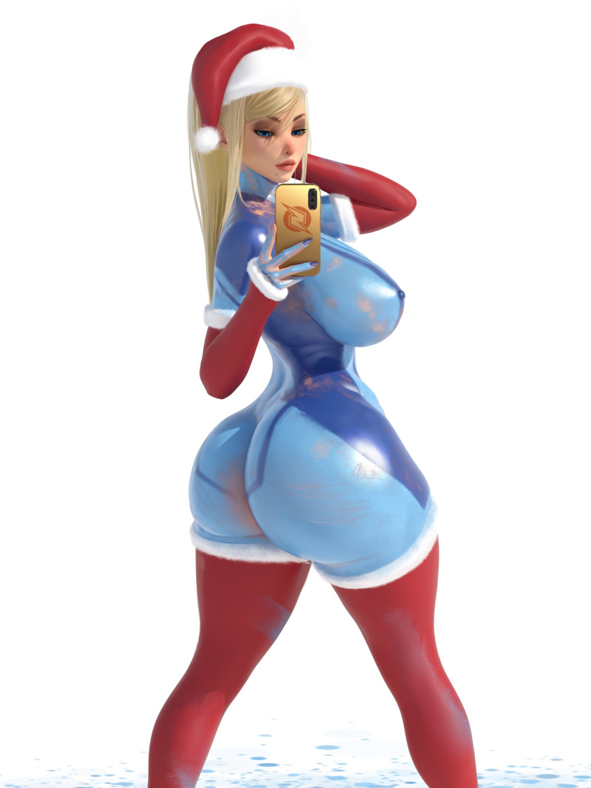1girl absurdres ass blonde_hair blue_eyes blue_nails bodypaint breasts cellphone christmas elbow_gloves english_commentary fluff gloves hat highres huge_ass large_breasts long_hair looking_at_phone looking_back metroid nail_polish paint phone popogori red_gloves red_thighhighs samus_aran santa_costume santa_hat selfie solo spread_legs thick_thighs thighhighs thighs white_background wide_hips