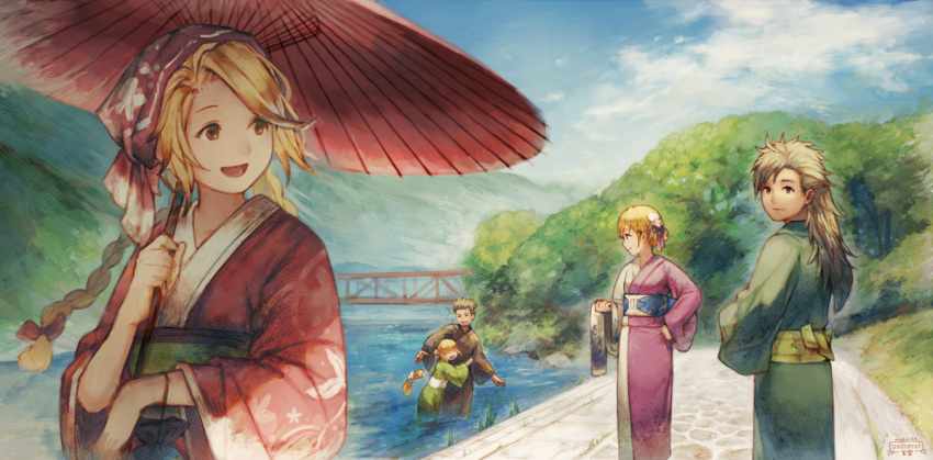 2boys 3girls blonde_hair braid character_request closed_mouth cordelia_(saga) cotelier head_scarf japanese_clothes kimono long_hair multi-tied_hair multiple_boys multiple_girls open_mouth ponytail rich_knights romancing_saga_re;universe short_hair smile twin_braids virginia_knights william_knights