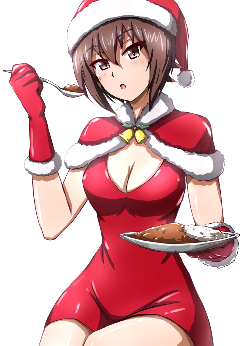 1girl bangs bell breasts brown_eyes brown_hair capelet christmas cleavage cleavage_cutout clothing_cutout commentary curry curry_rice dress eating food fur-trimmed_capelet fur-trimmed_gloves fur_trim girls_und_panzer gloves hat highres holding holding_plate holding_spoon holly looking_at_viewer medium_breasts neck_bell nishizumi_maho omachi_(slabco) open_mouth plate red_capelet red_dress red_gloves red_headwear rice santa_dress santa_gloves santa_hat short_dress short_hair simple_background sitting solo spoon white_background