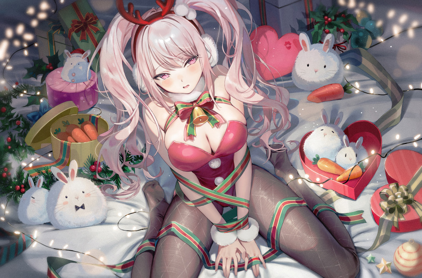1girl alice_(nikke) bangs bare_shoulders black_pantyhose blush box breasts brown_pantyhose christmas cleavage earmuffs emyo fake_antlers from_above goddess_of_victory:_nikke heart-shaped_box highleg highleg_leotard highres large_breasts leotard long_hair looking_at_viewer looking_up open_mouth pantyhose parted_lips pink_eyes pink_hair red_leotard ribbon sidelocks sitting soles solo thighs twintails wariza
