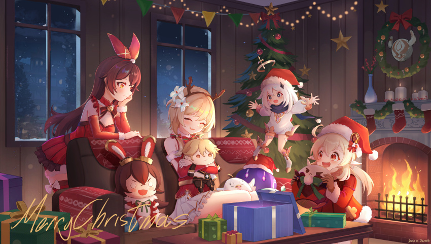 absurdres aether_(genshin_impact) ahoge alternate_costume amber_(genshin_impact) antlers arm_support bangs baron_bunny_(genshin_impact) bauble bell black_scarf blonde_hair blue_eyes bow bow_legwear bowtie box breasts brown_gloves brown_hair brown_scarf building candle candy candy_cane character_doll christmas christmas_lights christmas_ornaments christmas_stocking christmas_tree christmas_wreath closed_eyes clover_print couch crossed_bangs detached_sleeves dress fake_antlers fire fireplace floating flower food frilled_dress frilled_straps frills fur_trim genshin_impact gift gift_box gloves hair_bow hair_flower hair_ornament halo hands_up hat hat_bow head_rest highres holding indoors jingle_bell jumpy_dumpty klee_(genshin_impact) light_brown_hair long_hair looking_at_another low_twintails lumine_(genshin_impact) mechanical_halo medium_hair merry_christmas neck_bell object_hug on_couch open_mouth orange_eyes outstretched_arms paimon_(genshin_impact) pine_tree pointy_ears red_bow red_bowtie red_dress red_eyes red_headwear red_ribbon red_thighhighs reindeer_antlers ribbon santa_hat scarf short_hair_with_long_locks skirt slime_(genshin_impact) small_breasts smile snowing spread_arms star_(symbol) table thighhighs tree twintails user_ecem7323 white_dress white_flower white_footwear white_hair white_skirt window