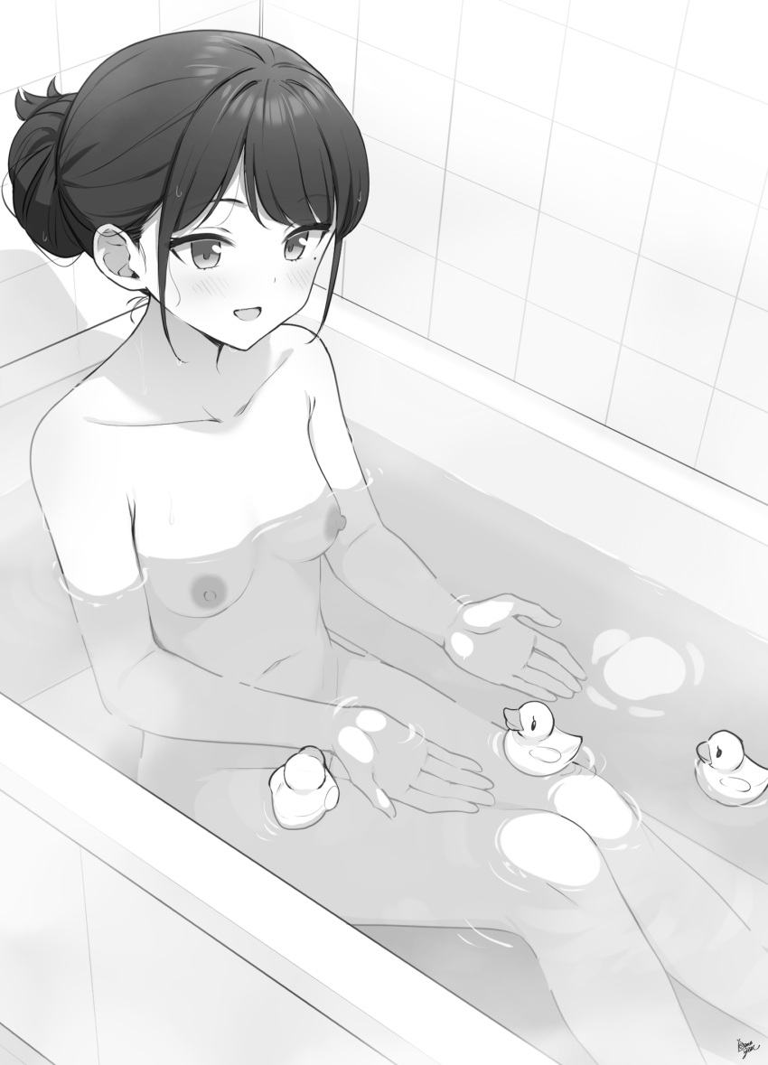1girl :d bangs bath bathing bathtub blush breasts collarbone commentary_request feet_out_of_frame greyscale groin hair_bun highres indoors knees_up mole mole_under_eye monochrome navel nipples original partially_submerged rubber_duck sitting small_breasts smile solo swept_bangs takenoko_no_you tile_wall tiles water