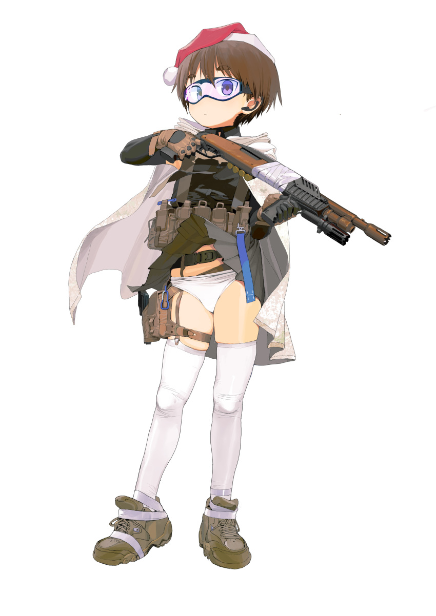 1girl absurdres bangs belt black_necktie black_shirt brown_eyes brown_gloves brown_hair cape christmas closed_mouth clothes_lift combat_shotgun commentary dress_shirt earpiece frown full_body garter_straps gloves goggles grey_footwear grey_skirt gun handgun harness hat highres holding holding_gun holding_weapon holstered_weapon hood hood_down hooded_cape looking_at_viewer miniskirt necktie original panties pleated_skirt red_headwear santa_hat shirt shoes short_hair simple_background skirt skirt_lift sneakers solo standing symbol-only_commentary thigh_pouch thighhighs underwear utility_belt weapon white_background white_cape white_panties white_thighhighs wind wind_lift wing_collar zhongye_yu