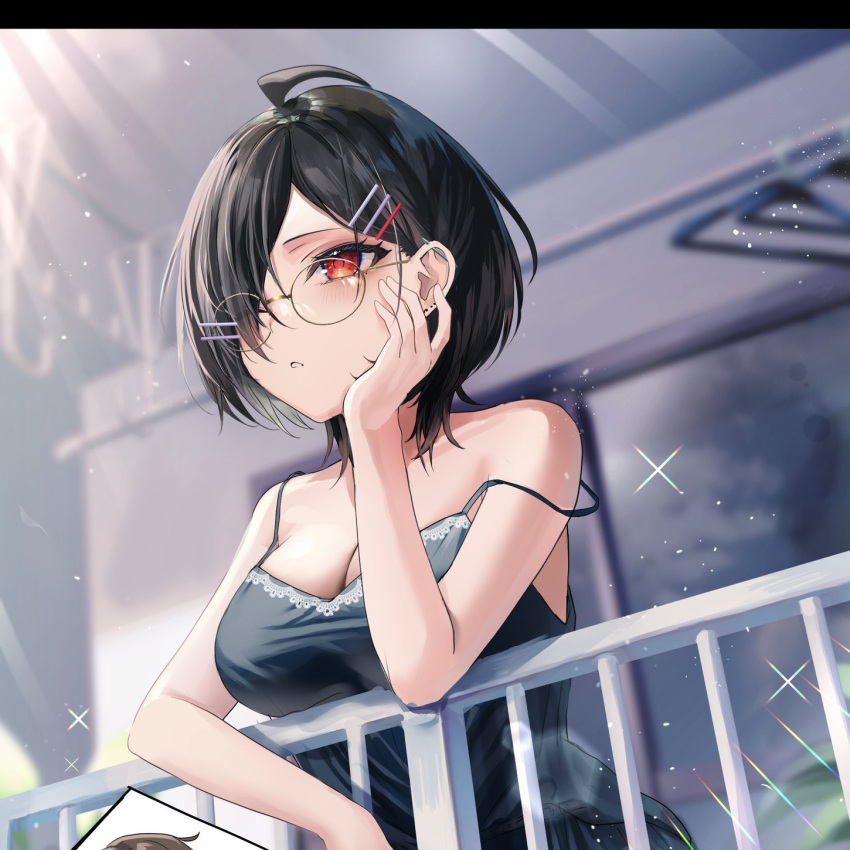 1girl against_railing ahoge balcony bangs bare_shoulders black_hair blurry blurry_background blush breast_press breasts cleavage clothes_hanger commentary_request cropped depth_of_field diffraction_spikes dress ear_piercing fou_(ssqseeker) green_dress hair_behind_eyewear hair_ornament hair_over_one_eye hairclip hand_on_own_face head_rest highres lace-trimmed_dress lace_trim light_particles light_rays looking_ahead medium_breasts one_eye_covered original parted_bangs parted_lips piercing plant potted_plant railing red_eyes round_eyewear short_hair solo solo_focus strap_slip sunbeam sunlight upper_body window yellow-framed_eyewear