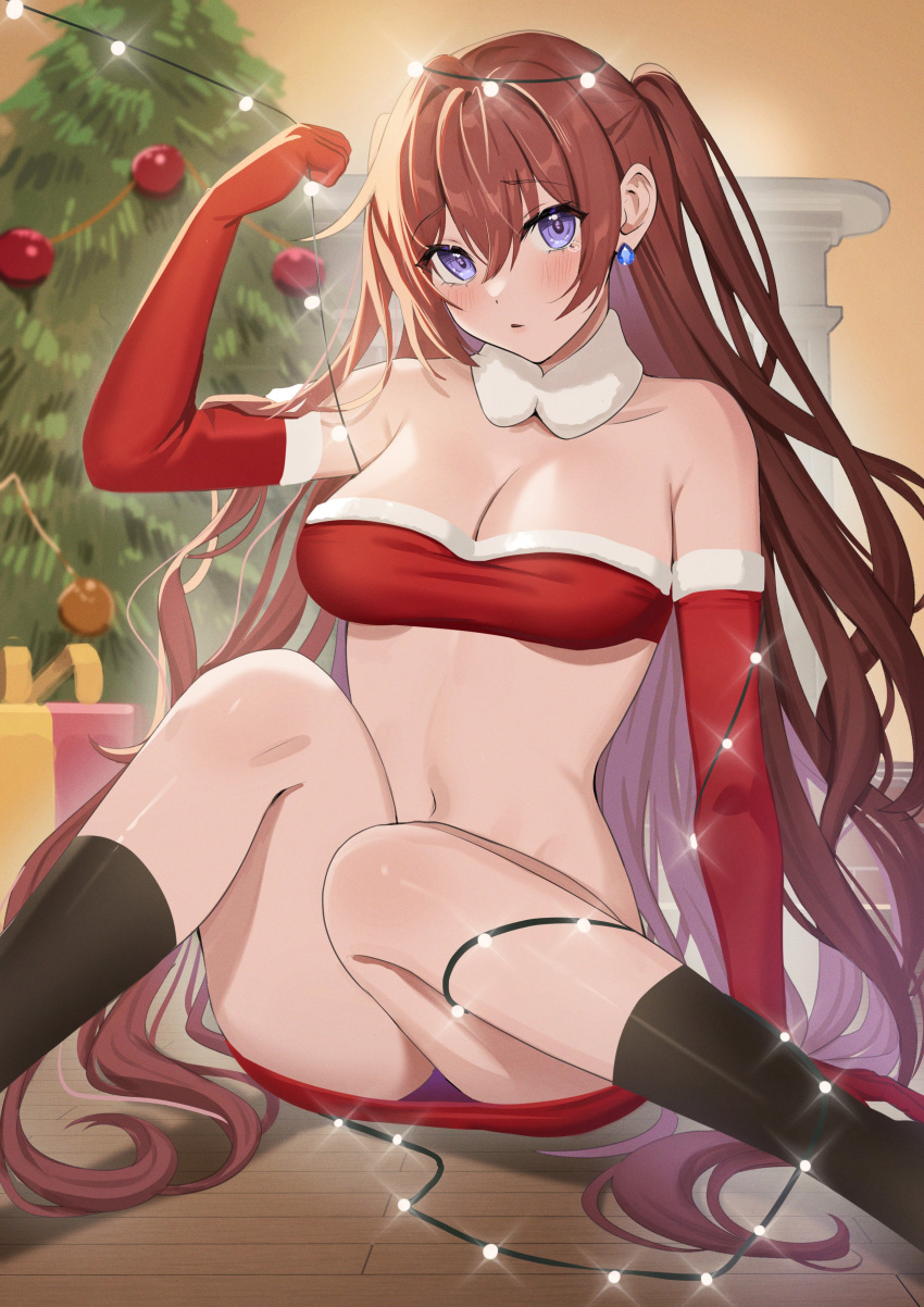 1girl absurdres arm_up armpit_crease bare_shoulders black_socks blue_gemstone blush box breasts brown_hair christmas christmas_lights christmas_tree cleavage collar commentary_request detached_collar earrings elbow_gloves entangled feet_out_of_frame fur_collar gem gift gift_box gloves hair_between_eyes hatsuno_xxx highres holding jewelry knees_together_feet_apart long_hair looking_at_viewer medium_breasts miniskirt navel on_floor original panties pantyshot parted_lips purple_eyes purple_panties raised_eyebrows red_gloves red_skirt red_tube_top sitting skirt socks solo stomach strapless tearing_up thighs tube_top two_side_up underwear very_long_hair white_collar wooden_floor