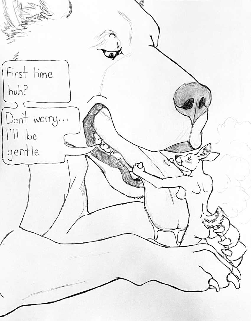 ambiguous_gender anthro blush bodily_fluids breast_lick breast_play breasts breath canid canine capreoline chest_lick deer dialogue drooling duo female female/ambiguous feral gentle_giant graphite_(artwork) hgythshs hi_res imminent_vore larger_ambiguous larger_feral licking mammal monochrome open_mouth paws pencil_(artwork) predator/prey saliva saliva_string side_boob size_difference smaller_anthro smaller_female teeth tongue tongue_out traditional_media_(artwork) virgin vore white-tailed_deer willing_prey