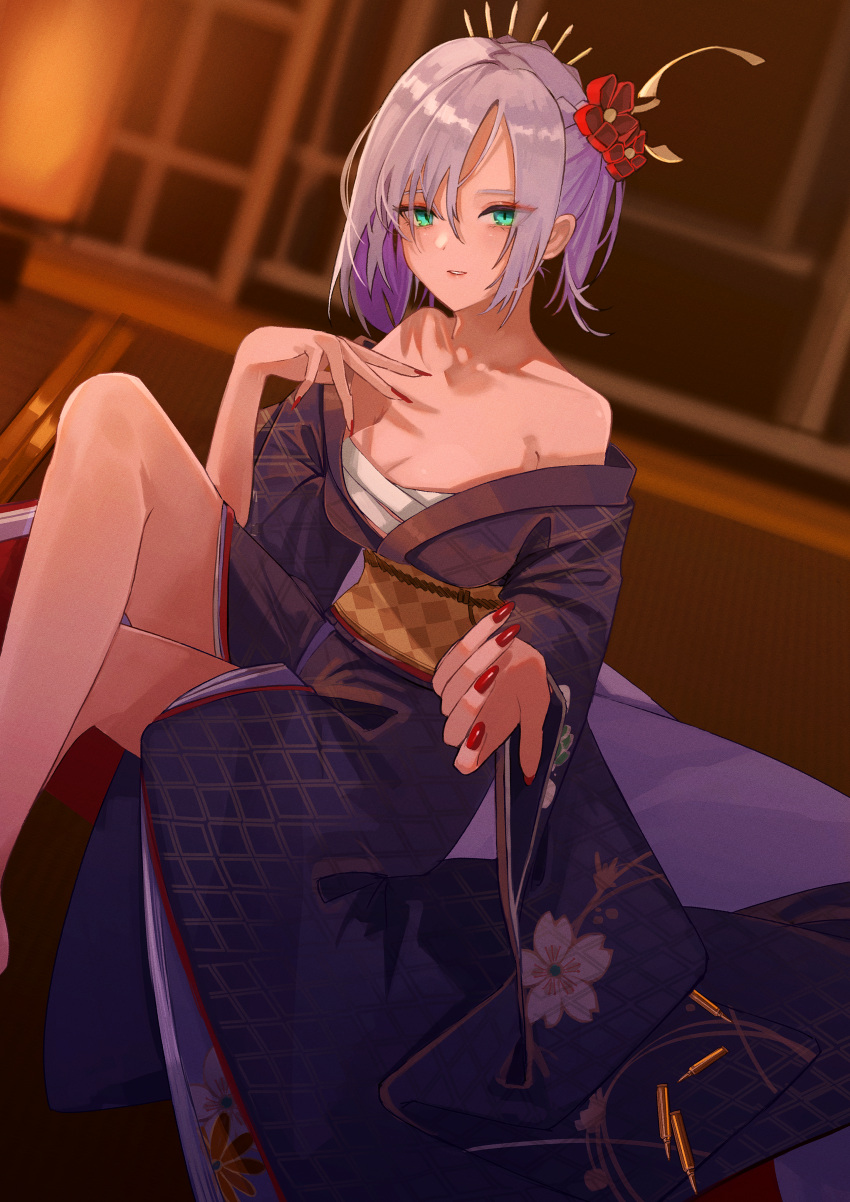 1girl absurdres bangs blue_eyes breasts flower girls'_frontline grey_hair hair_flower hair_ornament highres japanese_clothes kimono looking_at_viewer mg5_(dark_blossom_of_the_end)_(girls'_frontline) mg5_(girls'_frontline) nail_polish official_alternate_costume parted_lips reaching_towards_viewer short_hair sitting slit_pupils solo teizen_(rkm8656)