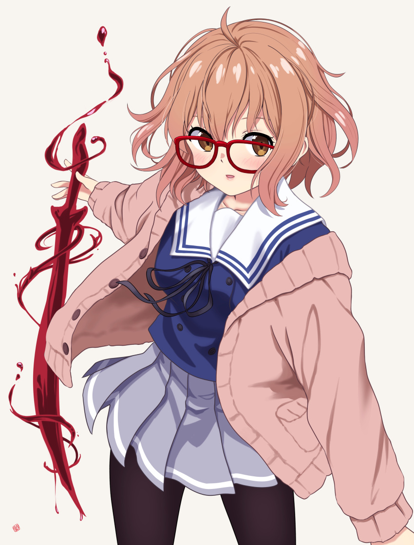 absurdres bangs black_pantyhose black_ribbon blood blood_sword blue_serafuku bob_cut brown_cardigan brown_eyes cardigan collarbone glasses grey_skirt highres kuriyama_mirai kyoukai_no_kanata light_brown_hair long_sleeves looking_to_the_side nao_suke neck_ribbon open_cardigan open_clothes pantyhose parted_lips pink_cardigan pleated_skirt pocket red-framed_eyewear ribbon sailor_collar school_uniform serafuku short_hair simple_background skirt solo sword weapon white_background white_sailor_collar