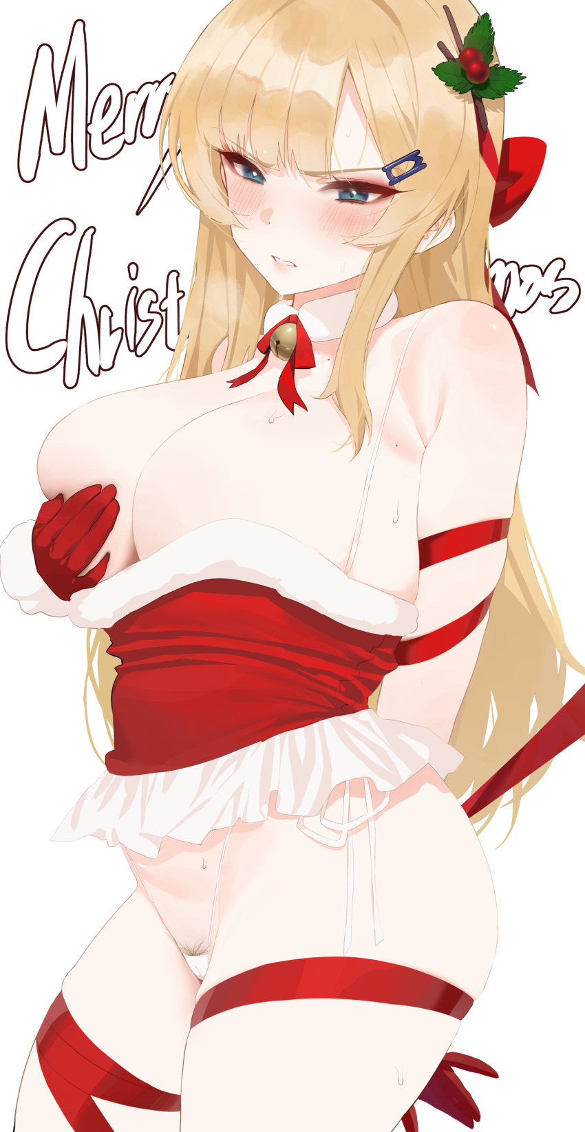 1girl absurdres arm_behind_back bangs bell blonde_hair blue_eyes blush bound breasts christmas cleavage covering covering_breasts female_pubic_hair gloves hair_ornament hairclip highleg highleg_panties highres holly_hair_ornament large_breasts long_hair looking_at_viewer merry_christmas mochirong neck_bell original paid_reward_available panties pubic_hair pubic_hair_peek red_gloves red_ribbon ribbon simple_background skindentation solo sweat underwear white_background white_panties