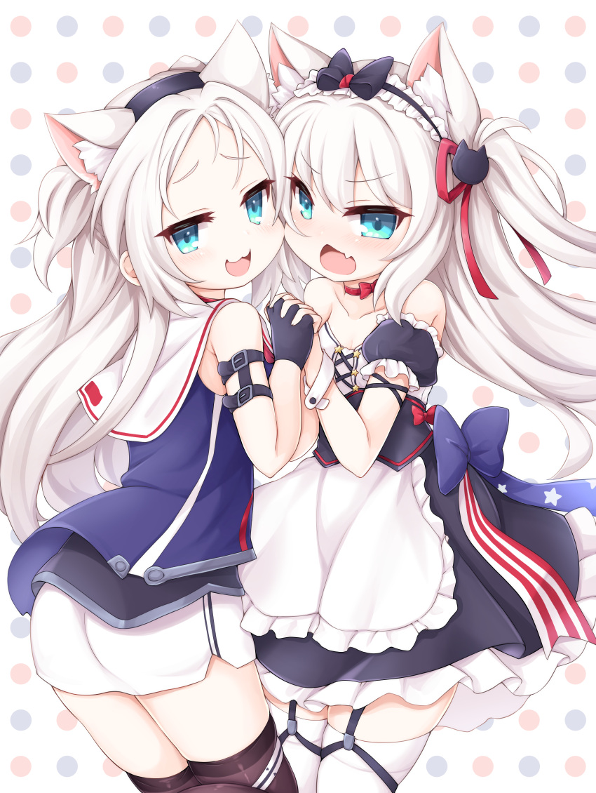 2girls :3 :d absurdres american_flag american_flag_print animal_ear_fluff animal_ears apron arm_belt ass azur_lane bangs bare_shoulders black_bow black_dress black_gloves black_thighhighs blue_eyes blue_shirt blush bow cat_ears cheek-to-cheek choker collarbone commentary_request cowboy_shot dress extra_ears fake_animal_ears fang fingerless_gloves flag_print frilled_apron frills gloves green_eyes hair_between_eyes hair_bow hair_ornament hair_ribbon hammann_(azur_lane) headband heads_together highres interlocked_fingers kinomiki_nobori long_hair looking_at_viewer multiple_girls open_mouth parted_bangs partial_commentary polka_dot polka_dot_background puffy_short_sleeves puffy_sleeves red_choker retrofit_(azur_lane) ribbon sailor_collar shirt short_sleeves sidelocks sims_(azur_lane) skin_fang skindentation skirt sleeveless sleeveless_shirt smile smug standing thighhighs two_side_up waist_apron white_apron white_hair white_sailor_collar white_skirt white_thighhighs wrist_cuffs zettai_ryouiki