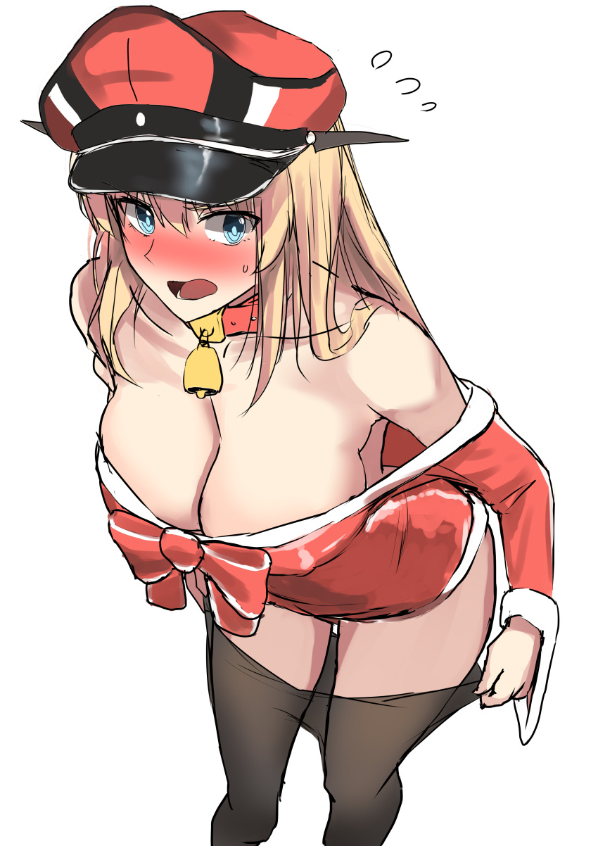 1girl absurdres adapted_costume bangs bell bismarck_(kancolle) black_thighhighs blonde_hair blue_eyes blush bow breasts christmas cleavage collar dress flying_sweatdrops hair_between_eyes hat highres kantai_collection large_breasts long_hair long_sleeves looking_at_viewer neck_bell nose_blush open_mouth peaked_cap red_bow red_collar red_dress red_headwear santa_costume santa_hat simple_background sing152 solo thighhighs white_background