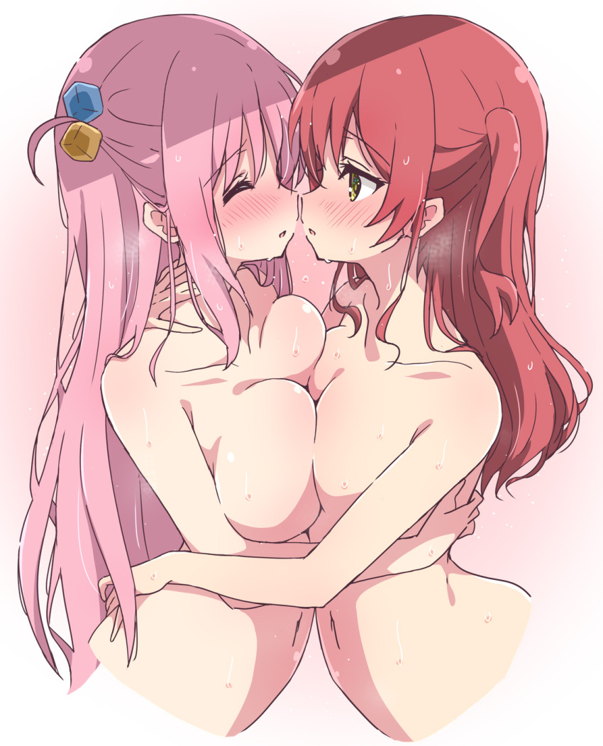 2girls blush bocchi_the_rock! breast_press breasts closed_eyes collarbone completely_nude cube_hair_ornament gotou_hitori gradient gradient_background green_eyes hair_ornament highres hug kita_ikuyo large_breasts long_hair looking_at_another mel_(melty_pot) multiple_girls navel nude pink_background pink_hair red_hair sweat symmetrical_docking yuri