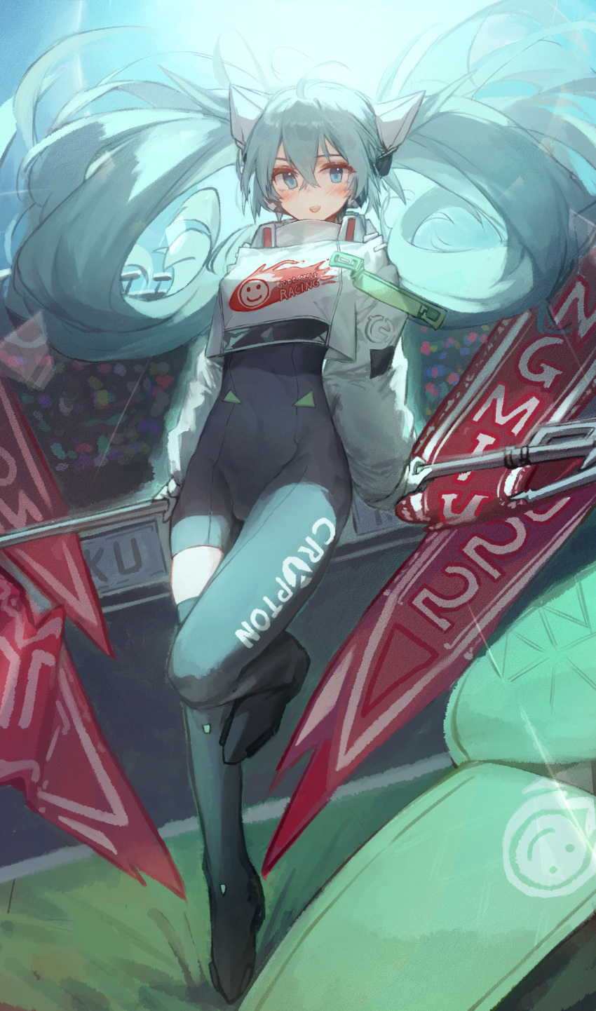 1girl aqua_eyes aqua_hair asymmetrical_bodysuit bangs black_bodysuit blush bodysuit boots breasts commentary_request covered_navel cropped_jacket crossed_bangs flag floating full_body gloves hair_between_eyes hatsune_miku headphones highres holding hts21 jacket long_hair long_sleeves looking_at_viewer open_mouth racing_miku racing_miku_(2022) single_thigh_boot single_thighhigh small_breasts smile solo standing standing_on_one_leg thigh_boots thighhighs twintails very_long_hair vocaloid white_jacket