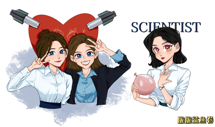 3girls animification artist_name blue_eyes blue_shirt breasts brown_eyes brown_hair chinese_commentary chinese_text collared_shirt cui_cui_shu_pian english_text hair_behind_ear hair_bun heart highres jihyo_(twice) k-pop knife long_hair medium_breasts multiple_girls nayeon_(twice) parted_lips real_life scientist_(twice) shirt shirt_tucked_in short_hair single_hair_bun smile song_name twice_(group) tzuyu_(twice) white_shirt