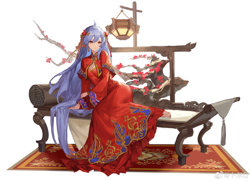 1girl arm_support barefoot bili_girl_22 bilibili blue_hair bonsai breasts bride capelet carpet chinese_clothes chinese_knot cleavage dress feet_on_chair flower full_body hair_flower hair_ornament hand_on_own_arm highres lantern lightning_ahoge long_dress long_hair long_sleeves looking_at_viewer messikid official_art plum_blossoms red_capelet red_dress red_eyes sitting smile solo very_long_hair weibo_logo weibo_username white_background wide_sleeves wooden_chair yokozuwari