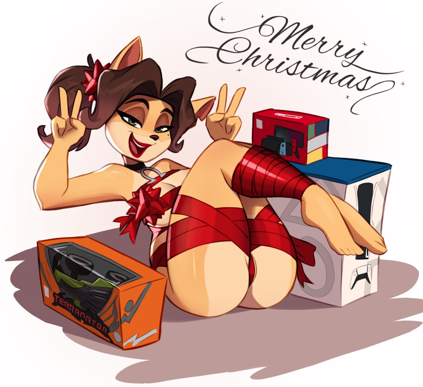 2022 4_fingers 4_toes activision alyssa_bandicoot_(oc) anthro bandicoot beauty_mark big_breasts black_hair black_nose bound breasts butt choker christmas cleavage clothed clothing crash_bandicoot_(series) double_v_sign english_text eyebrows eyelashes fan_character feet female fingers gesture green_eyes hair half-closed_eyes hi_res holidays jewelry legs_tied lipstick long_hair looking_at_viewer magaska19 makeup mammal marsupial narrowed_eyes necklace nintendo nintendo_switch open_mouth open_smile playstation_5 rc_car simple_background smile solo text toes v_sign white_background wrappings