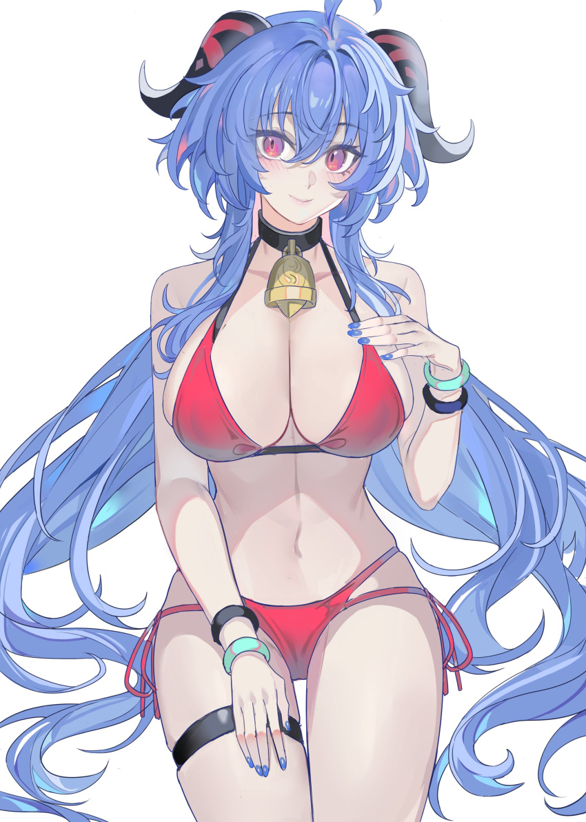 1girl absurdres ahoge bangs bare_arms bare_shoulders bell bikini black_choker blue_hair blue_nails blush breasts choker commentary_request cowboy_shot echj ganyu_(genshin_impact) genshin_impact hair_between_eyes hand_on_own_chest highres horns large_breasts long_hair looking_at_viewer multi-strapped_bikini nail_polish navel neck_bell purple_eyes red_bikini side-tie_bikini_bottom simple_background smile solo stomach swimsuit thigh_strap thighs very_long_hair white_background