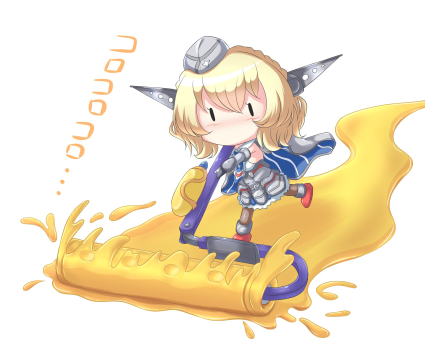 1girl bangs blonde_hair blush braid capelet chibi colorado_(kancolle) garrison_cap hat headgear highres kantai_collection no_mouth paint_roller red_footwear riretsuto short_hair simple_background skirt solid_eyes solo splatoon_(series) white_background