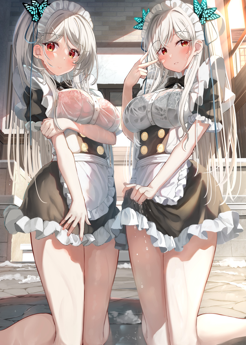 2girls absurdres apron bangs black_bra black_dress blush bra bra_visible_through_clothes breasts butterfly_hair_ornament dress earrings frilled_apron frills grey_hair hair_ornament hairclip highres hiragi_ringo indoors jewelry large_breasts long_hair looking_at_viewer maid maid_apron maid_headdress mole mole_under_eye multiple_girls original pink_bra red_eyes see-through shirt smile underwear v wet wet_clothes wet_shirt white_apron