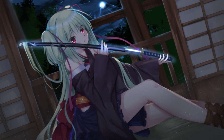 1girl architecture bangs bare_shoulders black_sleeves blue_kimono blunt_bangs breasts cloud cloudy_sky cross-laced_footwear detached_sleeves dot_nose east_asian_architecture expressionless eyelashes full_moon glowing glowing_sword glowing_weapon green_hair hair_between_eyes hair_ribbon head_tilt highres hime_cut holding holding_sword holding_weapon indoors japanese_clothes katana kimono leg_up light_blush long_hair long_sleeves looking_at_viewer moon moonlight murasame_(senren) night nodoameyatou on_floor purple_ribbon red_eyes red_ribbon red_sash ribbon sash senren_banka shadow sheath short_kimono sidelocks sitting sky small_breasts solo straight_hair sword tree two_side_up very_long_hair weapon wide_sleeves