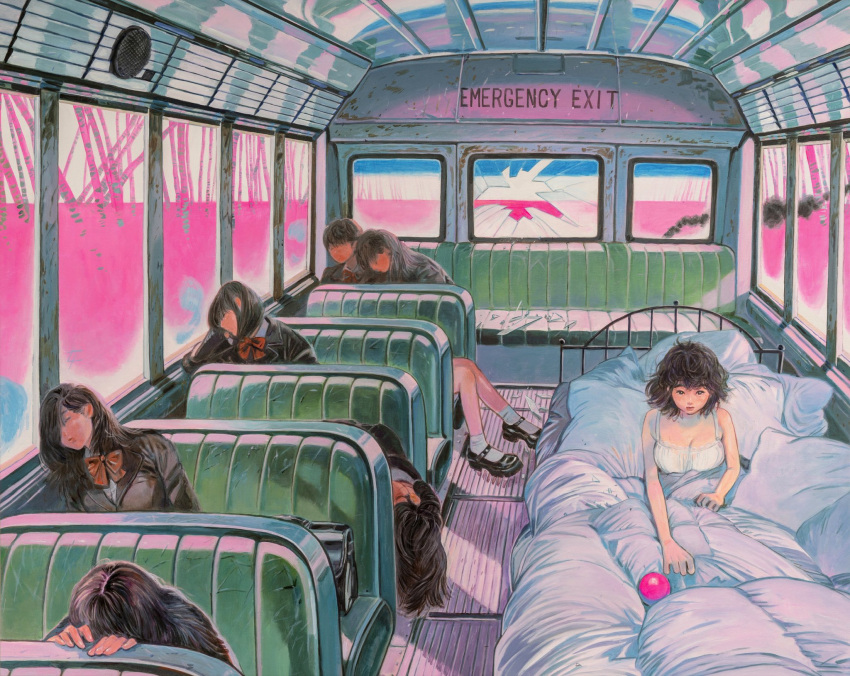 6+girls ball bangs bed black_eyes black_hair black_jacket blanket breasts broken_glass broken_window bus_interior cleavage commentary english_commentary faceless faceless_female glass highres jacket large_breasts little_thunder messy_hair multiple_girls original pillow school_bus school_uniform sitting sleeping tank_top