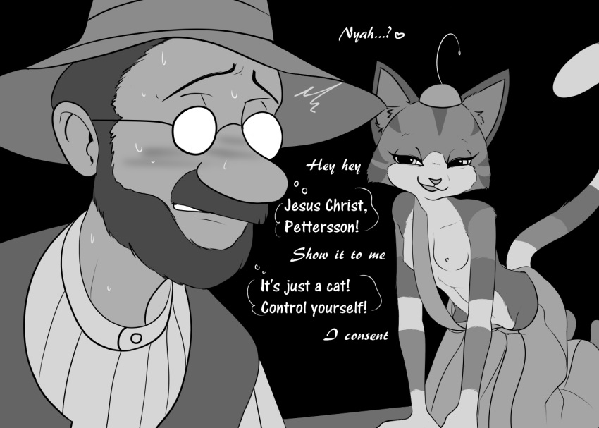 anthro beard black_background blush bodily_fluids bottomwear breasts clothed clothing dialogue domestic_cat duo eyewear facial_hair felid feline felis female findus glasses greyscale haaru hat headgear headwear human male mammal monochrome mustache nipples pants seductive simple_background size_difference smaller_female smile smug sweat sweatdrop thought_bubble topless