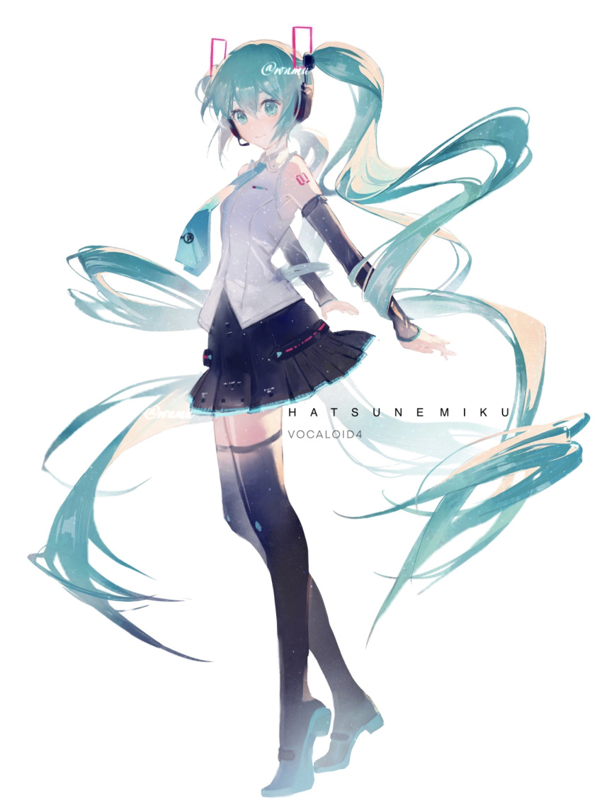 1girl absurdly_long_hair arm_tattoo bangs black_footwear black_skirt black_sleeves blue_eyes blue_hair blue_necktie boots character_name closed_mouth collared_shirt commentary copyright_name detached_sleeves dress_shirt floating_hair from_side full_body hair_between_eyes hatsune_miku hatsune_miku_(vocaloid4) headphones headset highres long_hair long_sleeves microphone miniskirt necktie number_tattoo pleated_skirt shiny shiny_hair shirt simple_background skirt sleeveless sleeveless_shirt smile solo standing tattoo thigh_boots twintails twitter_username v4x very_long_hair vocaloid watermark white_background white_shirt wing_collar wnmuwnmu zettai_ryouiki