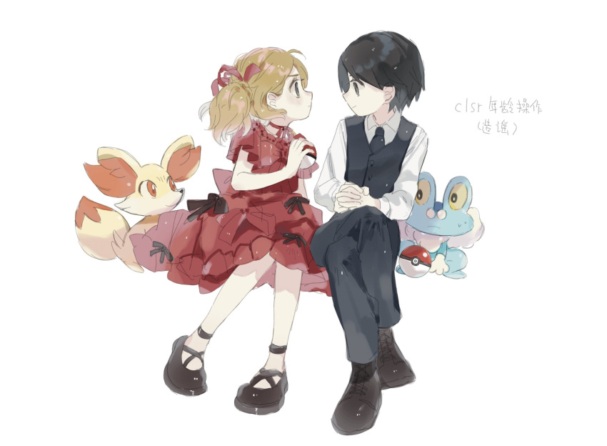 1boy 1girl alternate_costume black_necktie black_pants black_vest buttons calem_(pokemon) closed_mouth collared_shirt commentary_request crossed_legs dress eye_contact fennekin froakie hair_ribbon highres holding holding_poke_ball looking_at_another necktie own_hands_together pants poke_ball poke_ball_(basic) pokemon pokemon_(creature) pokemon_(game) pokemon_xy red_dress red_ribbon ribbon serena_(pokemon) shirt shoes short_sleeves sitting tyou08665851 vest white_background