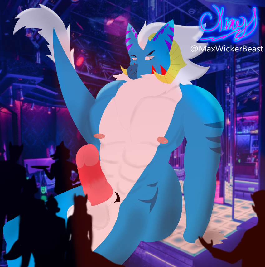 absurd_res anthro balls blue body clubhouse erection eyes genitals ground group hi_res horn invalid_tag male maxwickerbeast muscular nipples nude on party penis pink sitting small_(disambiguation) solo tail white wickerbeast